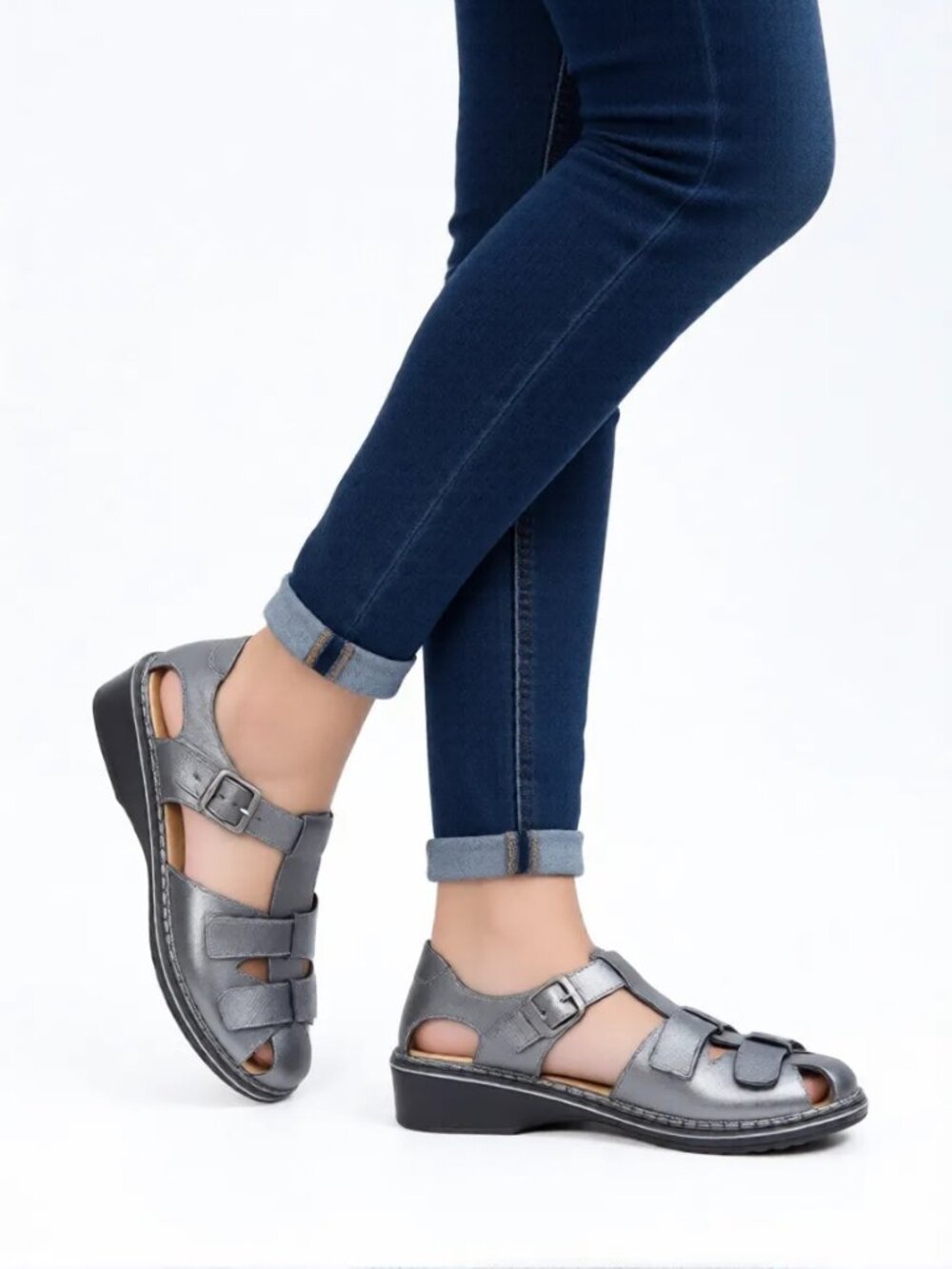 Finn Comfort Funen silver gray leather fisherman 1.5'' wedge sandal US9.5 =EU40